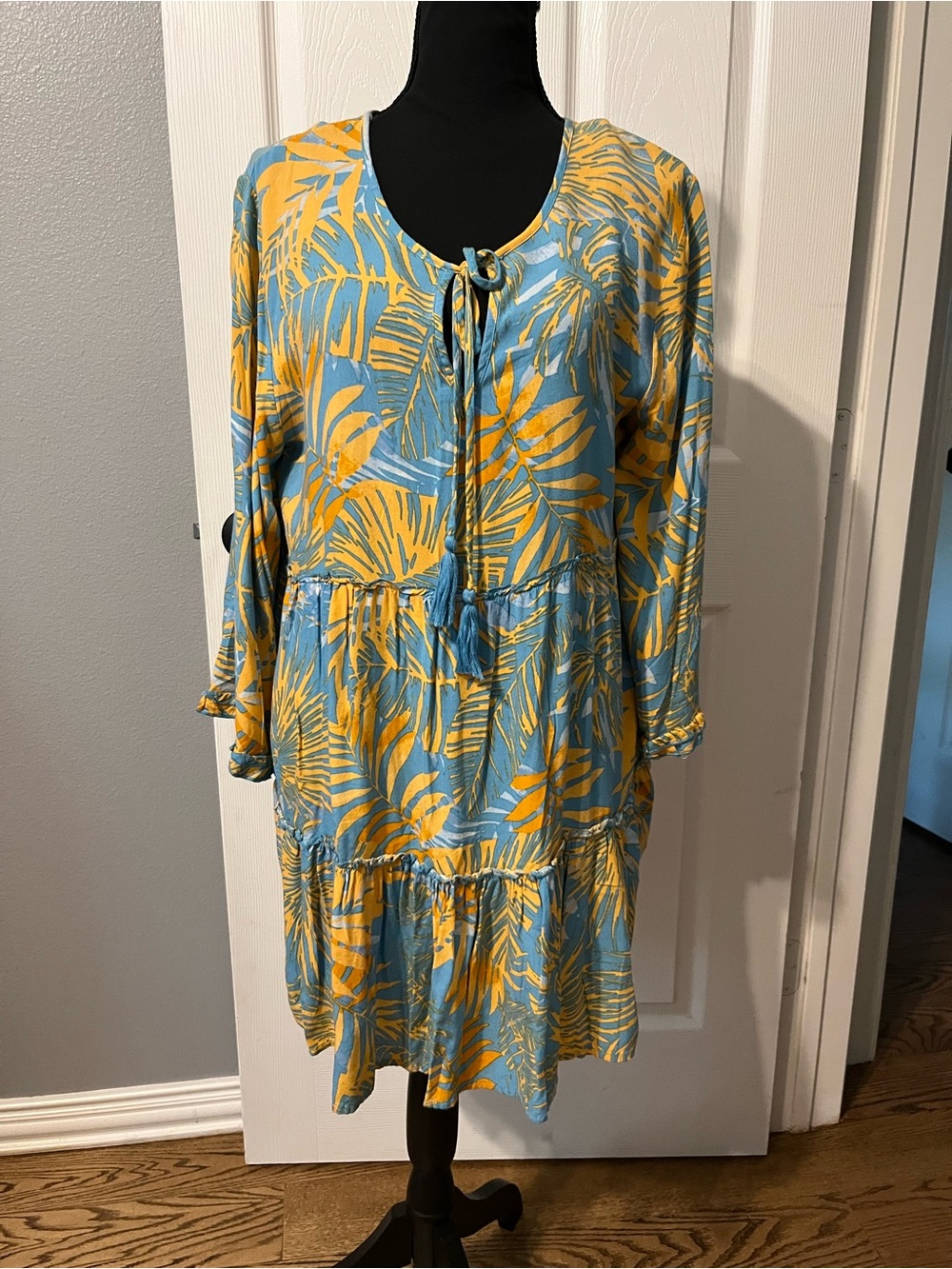 blue island Blue and Yellow Tropical Tiered Tunic Dress